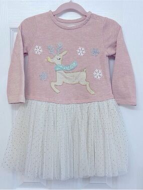 Mud Pie Pink Knit & Cream Tulle Reindeer Dress